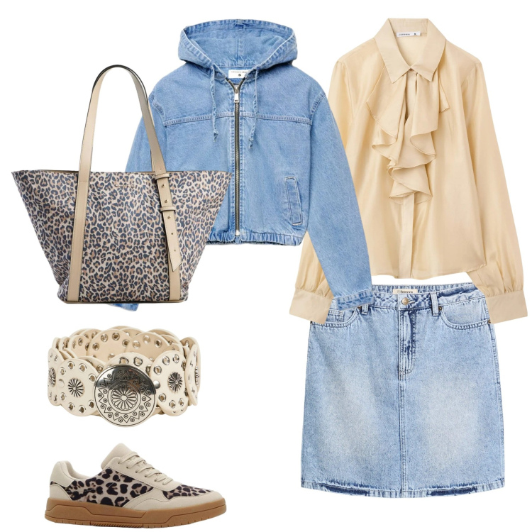 Outfit donna - Chiaro denim e animalier. Stile Minimal per Tutti i giorni. Abbinamento con sneakers, minigonne, shopping bag, camicie, cinture, bomber.