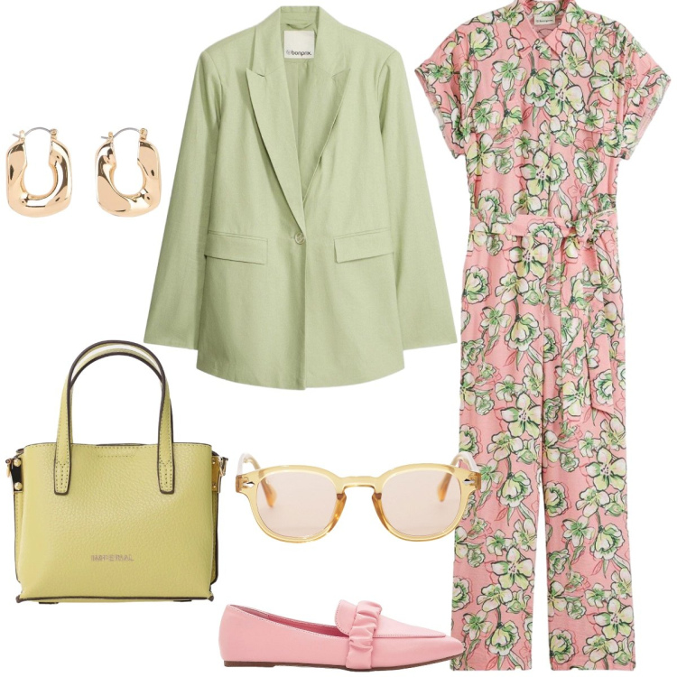Outfit donna - Sboccia la primavera. Stile Romantica per Tutti i giorni. Abbinamento con tute, mocassini, blazer, orecchini, occhiali da sole, borse a tracolla.