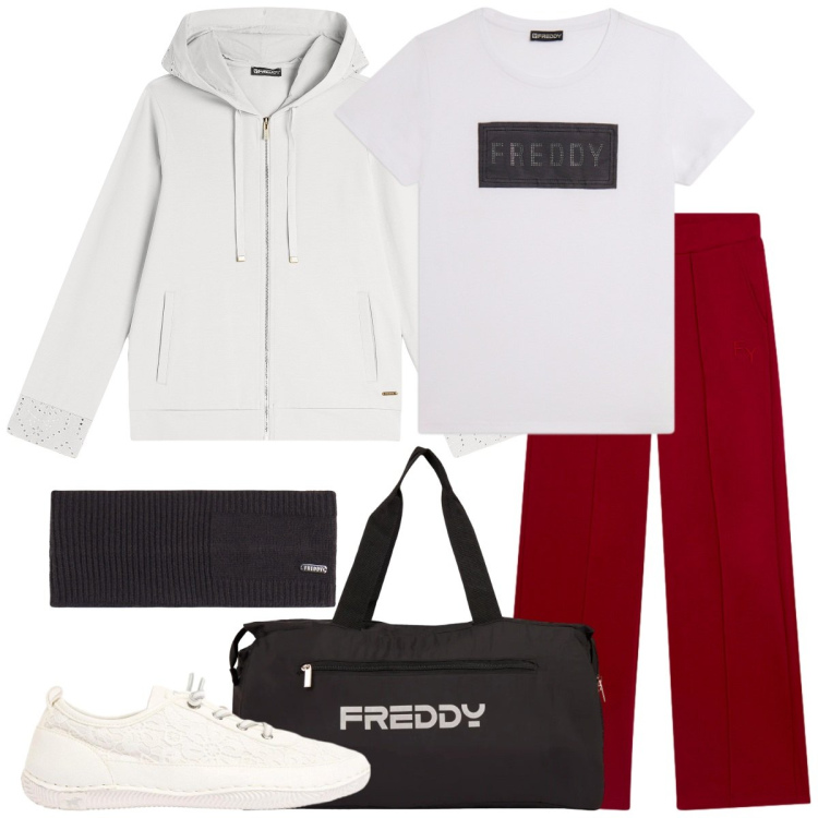 Outfit donna - Total look #2388165. Stile Sporty chic per Sport. Abbinamento con sneakers, pantaloni, felpe con cappuccio, accessori per capelli, t-shirt, borse sportive.
