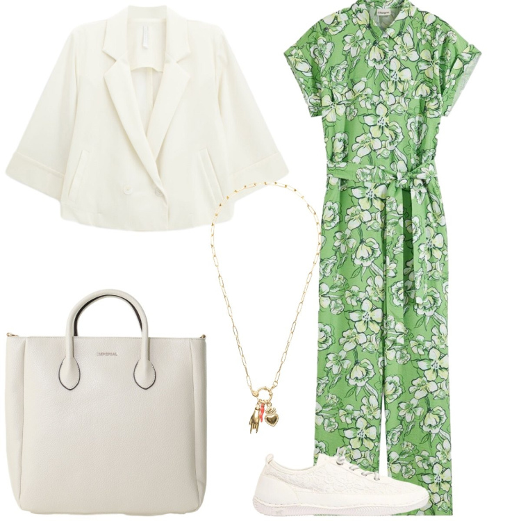 Outfit donna - La tuta comoda per una passeggiata. Stile Casual chic per Tutti i giorni. Abbinamento con tute, sneakers, blazer, borse a tracolla, ciondoli.