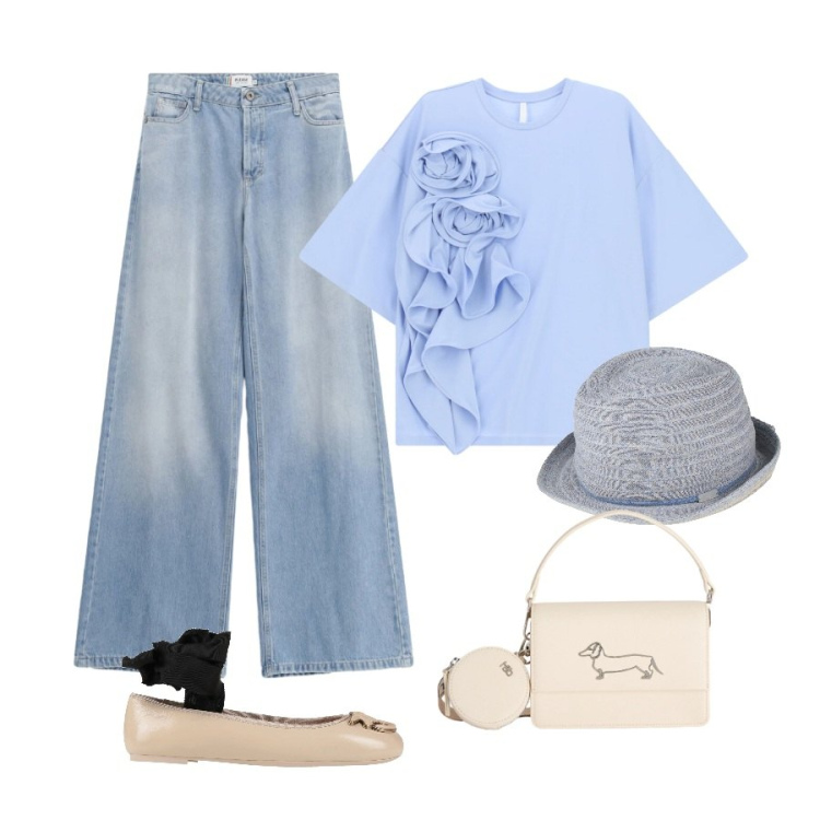 Outfit donna - Denim chiaro di primavera. Stile Casual per Tutti i giorni. Abbinamento con ballerine, cappelli, t-shirt, jeans, borse a tracolla.