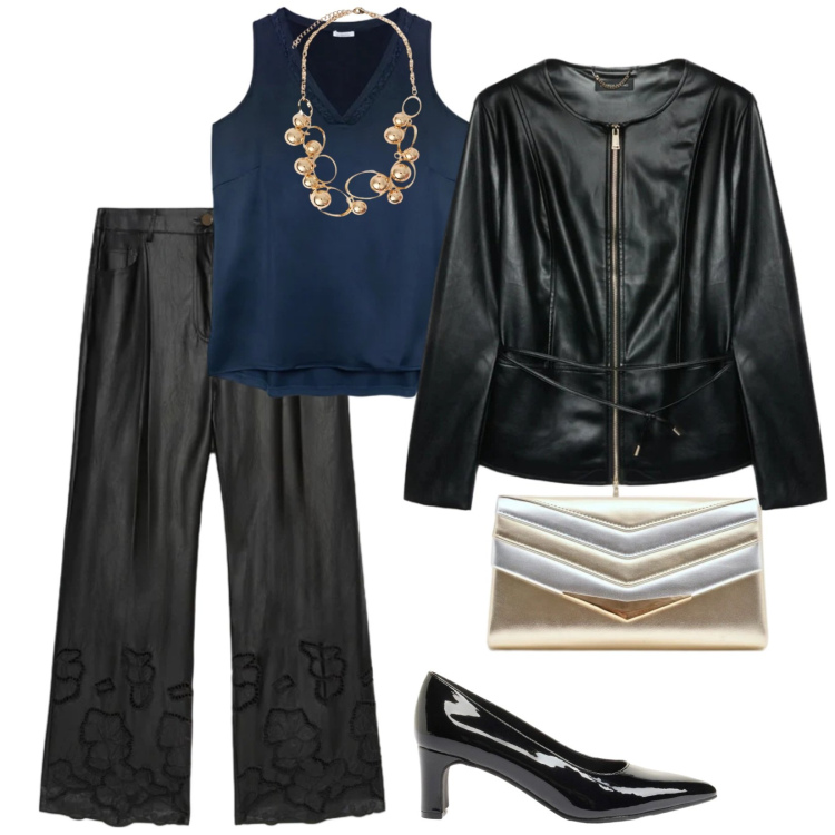 Outfit donna - Black and Blue by night. per Serata fuori. Abbinamento con décolleté, blazer, pantaloni, top, collane, pochette.