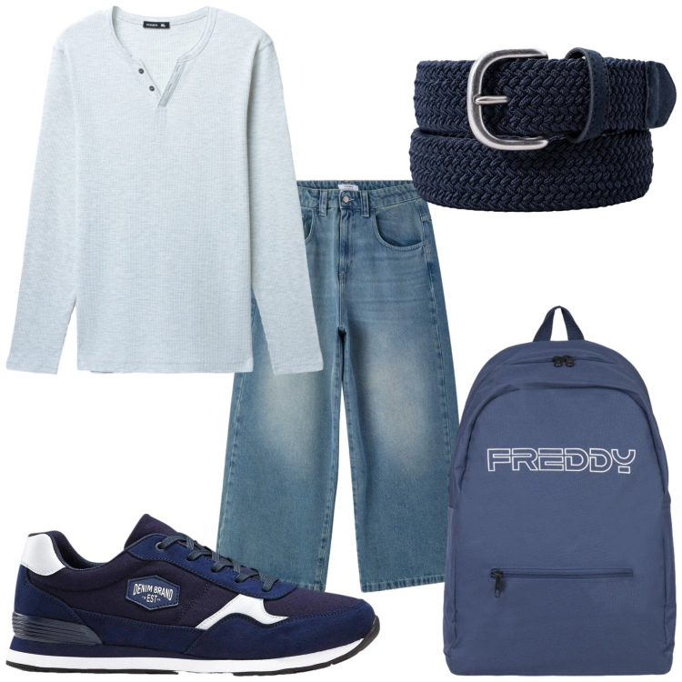Outfit uomo - In giro per la città. Stile Urban per Tutti i giorni. Abbinamento con sneakers, t-shirt, jeans, borse sportive, cinture.