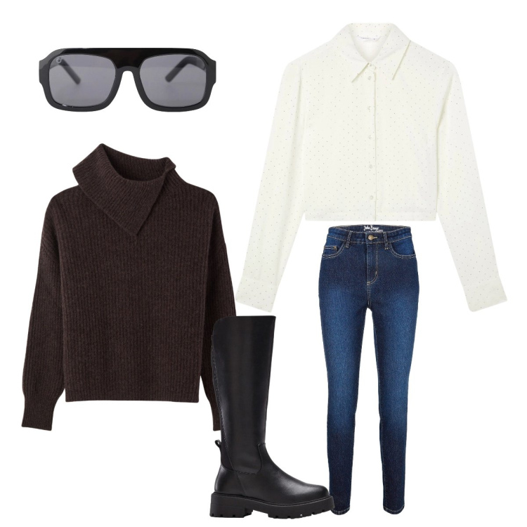 Outfit donna - Il pullover al posto del giubbotto. Stile Urban per Ufficio. Abbinamento con jeans skinny, stivali, camicie, pullovers, occhiali da sole.