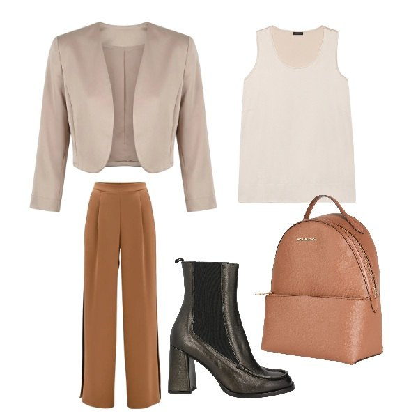 Outfit donna - Soft nuance. Stile Mannish per Ufficio. Abbinamento con zaini, stivaletti chelsea, pantaloni a palazzo, canottiere, blazer.