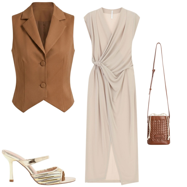 Outfit donna - Serata chic. Stile Chic per Serata fuori. Abbinamento con vestiti lunghi, sabot, gilet, borse a secchiello.