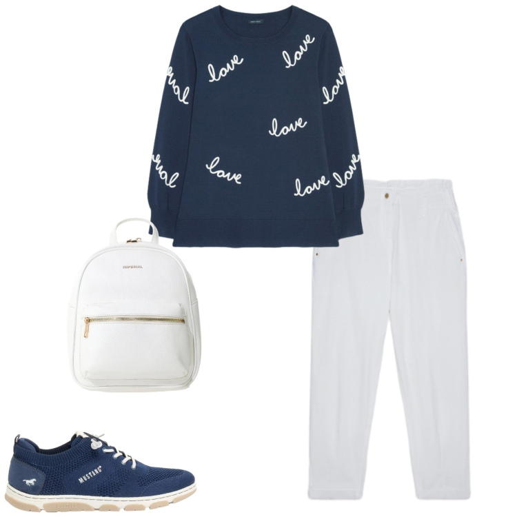 Outfit donna - Look quotidiano. Stile Basic per Tutti i giorni. Abbinamento con sneakers, zaini, pantaloni, maglieria.