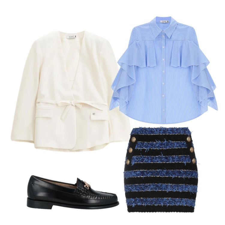 Outfit donna - primavera aprile. Stile Preppy per Ufficio. Abbinamento con mocassini, minigonne, camicie, blazer.
