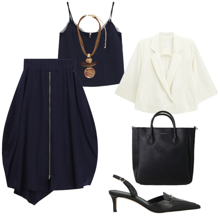 Outfit donna - In compagnia. per Tutti i giorni. Abbinamento con décolleté, gonne longuette, canottiere, borse a tracolla, blazer, ciondoli.
