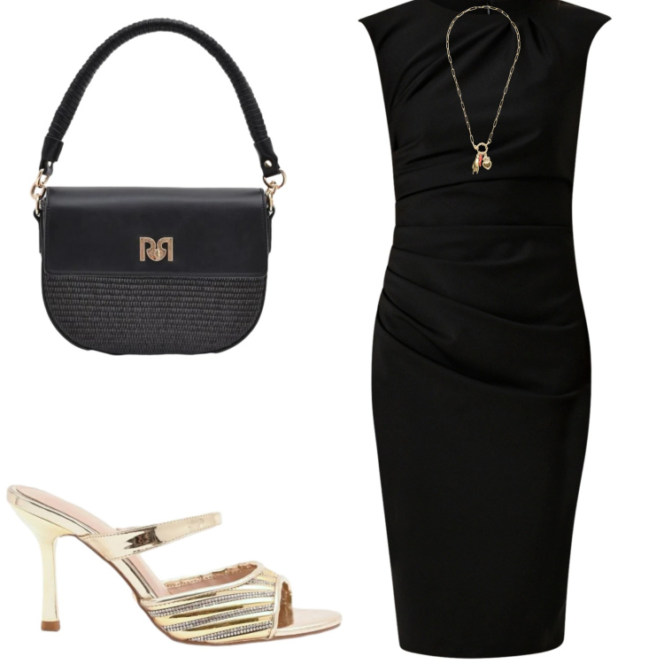 Outfit donna - Classico tubino nero. Stile Chic per Serata fuori. Abbinamento con vestiti a tubino, borse a spalla, sabot, ciondoli.