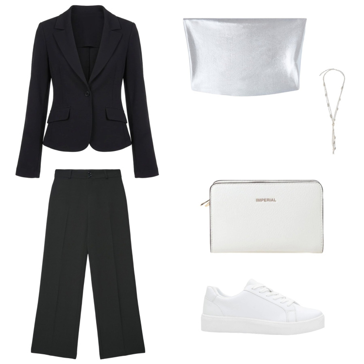 Outfit donna - Aperitivo. Stile Casual per Serata fuori. Abbinamento con sneakers, pantaloni, top, borse a tracolla, blazer, collane.