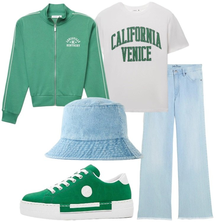 Outfit donna - Denim chiaro di primavera. Stile Casual per Tutti i giorni. Abbinamento con sneakers, jeans, cappelli, felpe, t-shirt sportive.