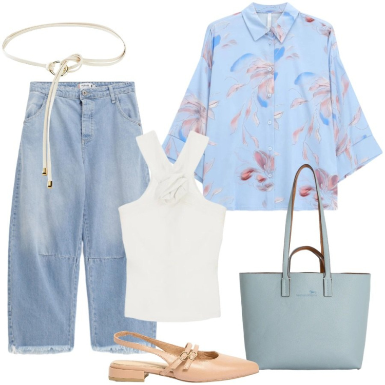 Outfit donna - Denim chiaro e camicia aperta sul top. Stile Casual chic per Tutti i giorni. Abbinamento con cinture, ballerine, camicie, canottiere, jeans, shopping bag.