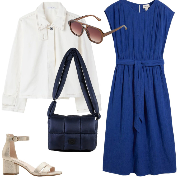 Outfit donna - Per la primavera 2026. Stile Casual chic per Tutti i giorni. Abbinamento con occhiali da sole, sandali col tacco, vestiti midi/longuette, cappotti, borse a spalla.