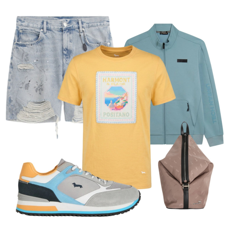 Outfit uomo - A touch of yellow. Stile Casual per Tutti i giorni. Abbinamento con bermuda, sneakers, borse sportive, t-shirt, felpe.