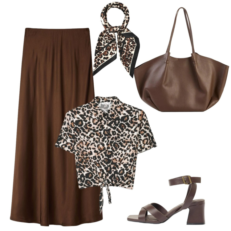 Outfit donna - Total look #2388224. Stile Glamour per Tutti i giorni. Abbinamento con sandali col tacco, shopping bag, foulard, camicie a manica corta, gonne lunghe.