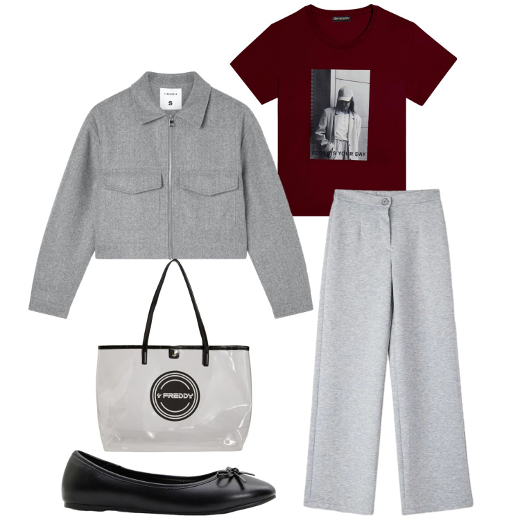 Outfit donna - Total look #2388225. Stile Casual per Tutti i giorni. Abbinamento con ballerine, blazer, pantaloni, shopping bag, t-shirt.