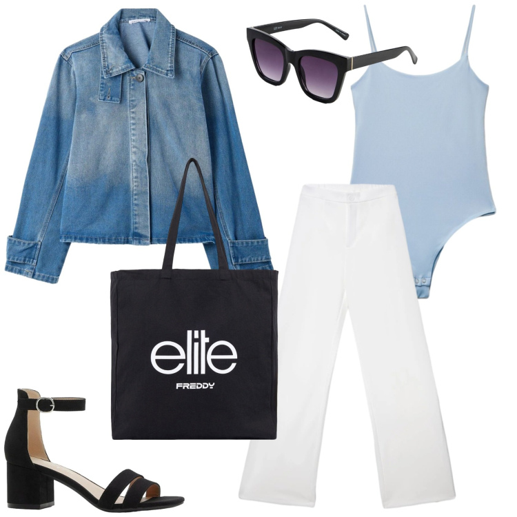 Outfit donna - Primavera: un outfit per l\'ufficio. Stile Casual chic per Ufficio. Abbinamento con occhiali da sole, sandali col tacco, pantaloni, top, cappotti, shopping bag.