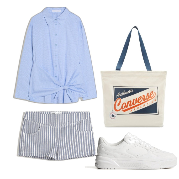 Outfit mujer - Casual. Estilo Casual para Todos los días. Combinación con shorts, bolso tote, sneakers, camisas.