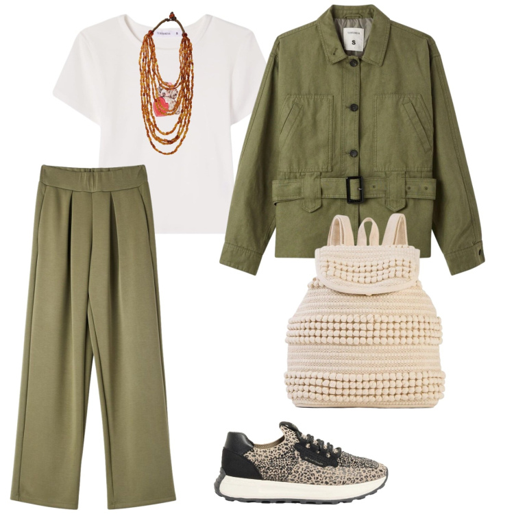 Outfit donna - Verde colore di stagione. per Tutti i giorni. Abbinamento con zaini, sneakers, pantaloni, t-shirt, cappotti, collane.