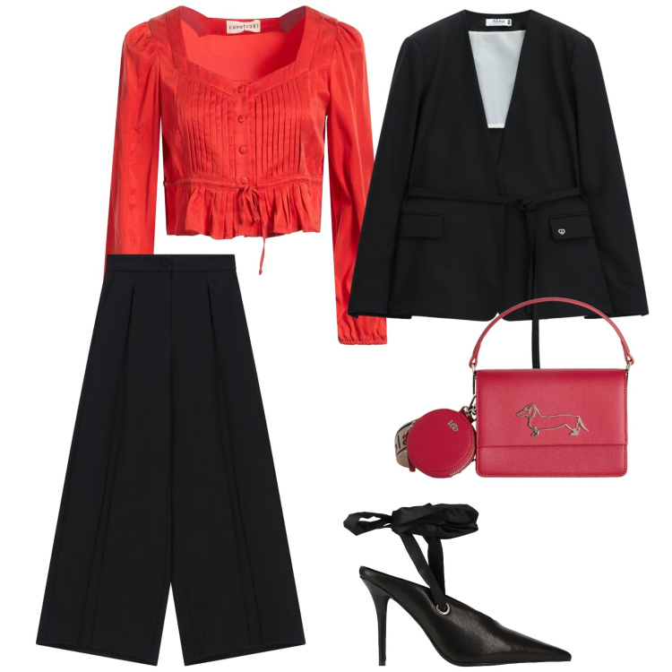 Outfit donna - Cerimonia in rosso. per Cerimonia. Abbinamento con camicie, décolleté, pantaloni a palazzo, blazer, borse a tracolla.