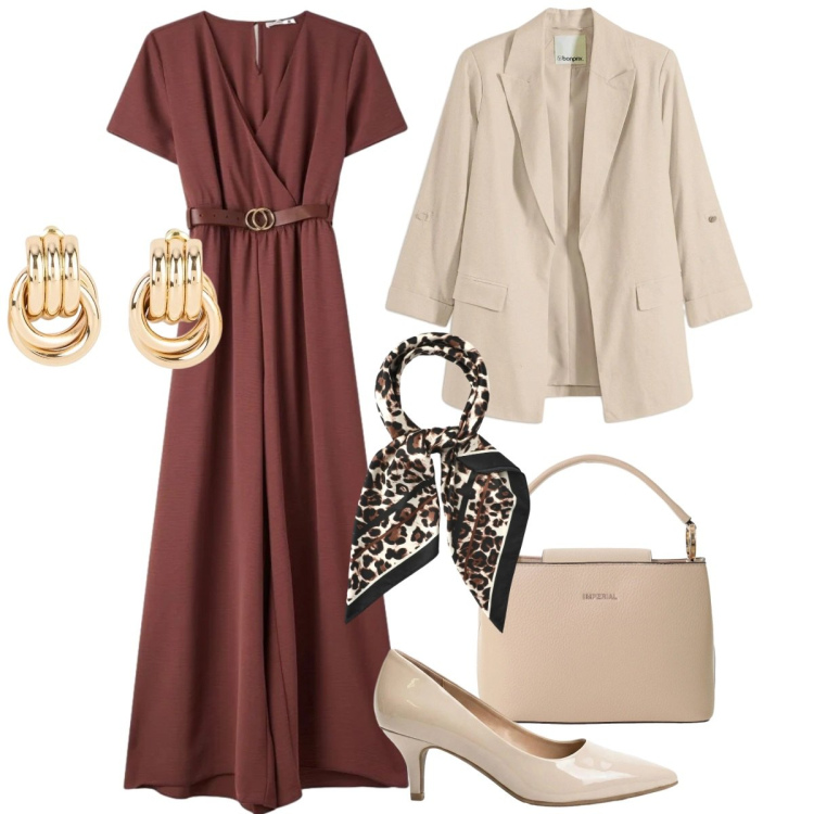 Outfit donna - Total look #2388236. Stile Casual chic per Serata fuori. Abbinamento con orecchini, blazer, décolleté, vestiti lunghi, foulard, borse a secchiello.