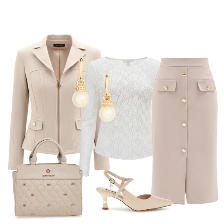 Outfit donna - In ufficio. Stile Chic per Ufficio. Abbinamento con gonne longuette, blazer, bluse, orecchini, décolleté, borse a mano.