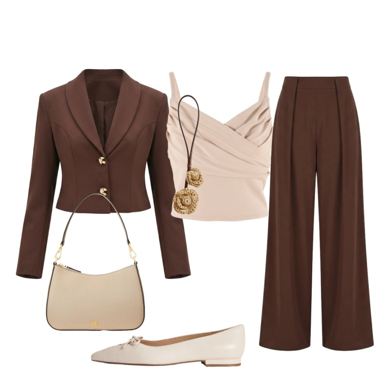 Outfit donna - Una serata speciale. Stile Chic per Serata fuori. Abbinamento con canottiere, pantaloni a palazzo, blazer, borse a spalla, ballerine, ciondoli.