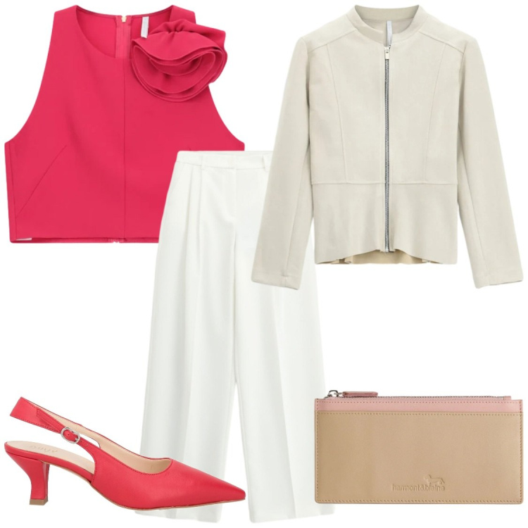 Outfit donna - Fiore Fuxia su bianco puro. Stile Bon Ton per Serata fuori. Abbinamento con décolleté, portafogli, top, pantaloni a palazzo, blazer.