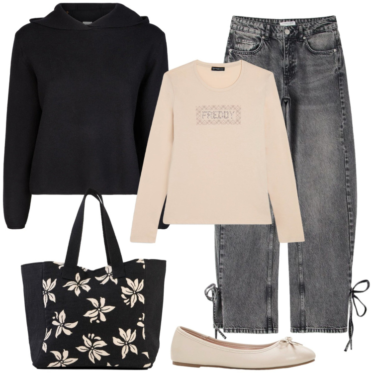 Outfit donna - Total look #2388256. Stile Casual chic per Tutti i giorni. Abbinamento con ballerine, shopping bag, jeans, t-shirt, maglieria.