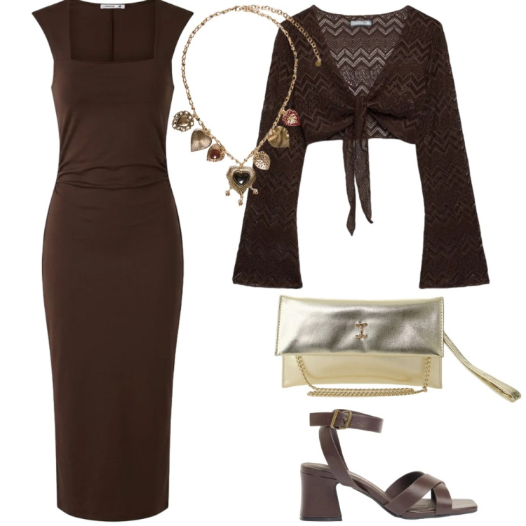 Outfit donna - Total look #2388257. Stile Chic per Serata fuori. Abbinamento con sandali col tacco, borse a tracolla, collane, top, vestiti midi/longuette.