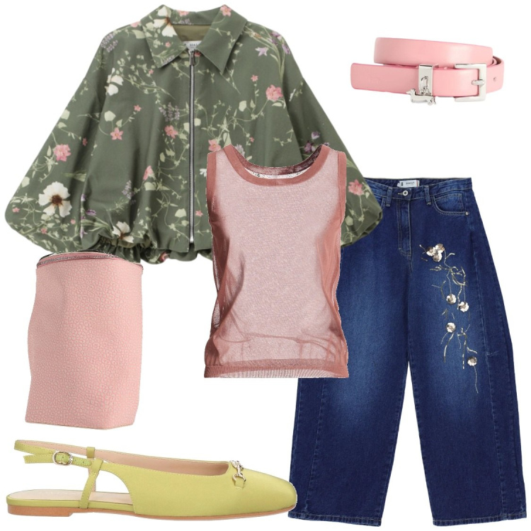 Outfit donna - Fiori Sprint e Pop di Lime. Stile Casual chic per Tutti i giorni. Abbinamento con zaini, top, ballerine, jeans, bomber, cinture.