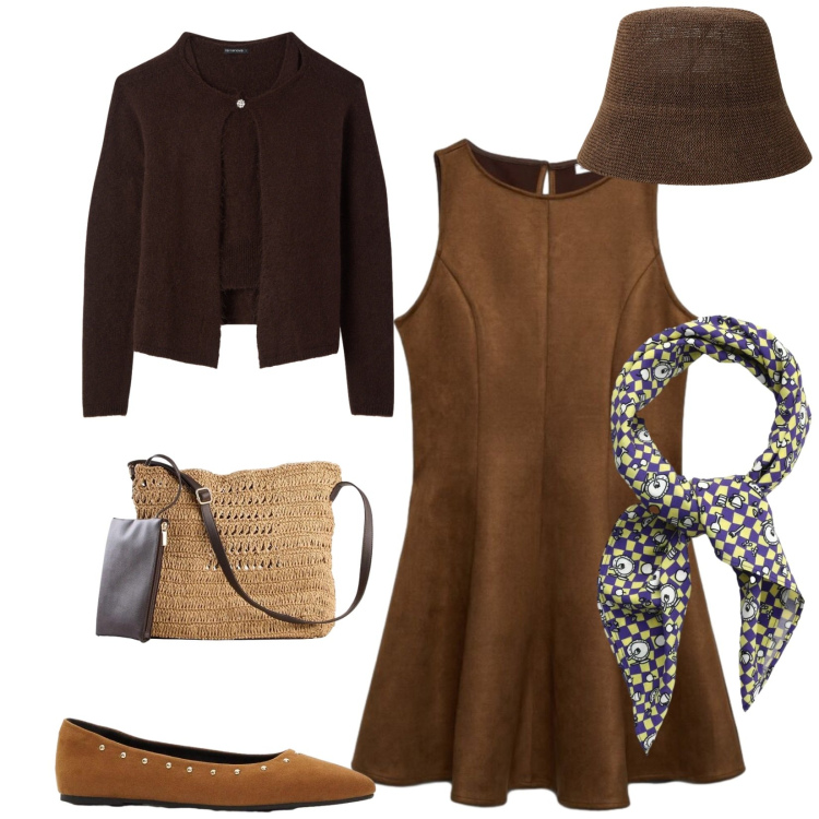 Outfit donna - Total look #2388261. Stile Vintage retrò per Tutti i giorni. Abbinamento con borse a tracolla, ballerine, vestiti corti, foulard, cardigans, cappelli.
