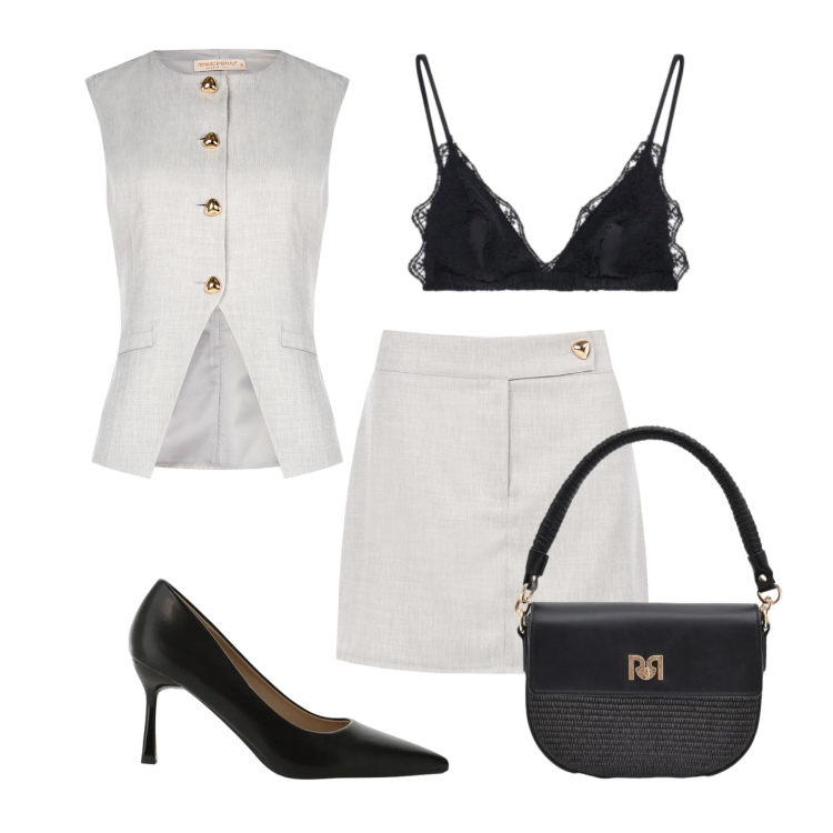 Outfit donna - Serata cocktail. Stile Glamour per Serata fuori. Abbinamento con décolleté, reggiseni, borse a spalla, minigonne, gilet.