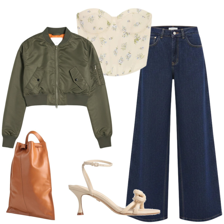 Outfit donna - Aperitivo del venerdì. Stile Casual chic per Serata fuori. Abbinamento con sandali in pelle, zaini, top, bomber, jeans.