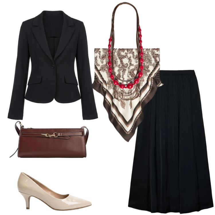 Outfit donna - Total look #2388271. Stile Chic per Serata fuori. Abbinamento con décolleté, borse a tracolla, top, gonne longuette, collane, blazer.