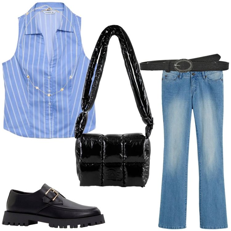 Outfit donna - Mannish e casual in primavera. Stile Mannish per Tutti i giorni. Abbinamento con jeans bootcut, mocassini, collane, camicie a manica corta, cinture, borse a spalla.