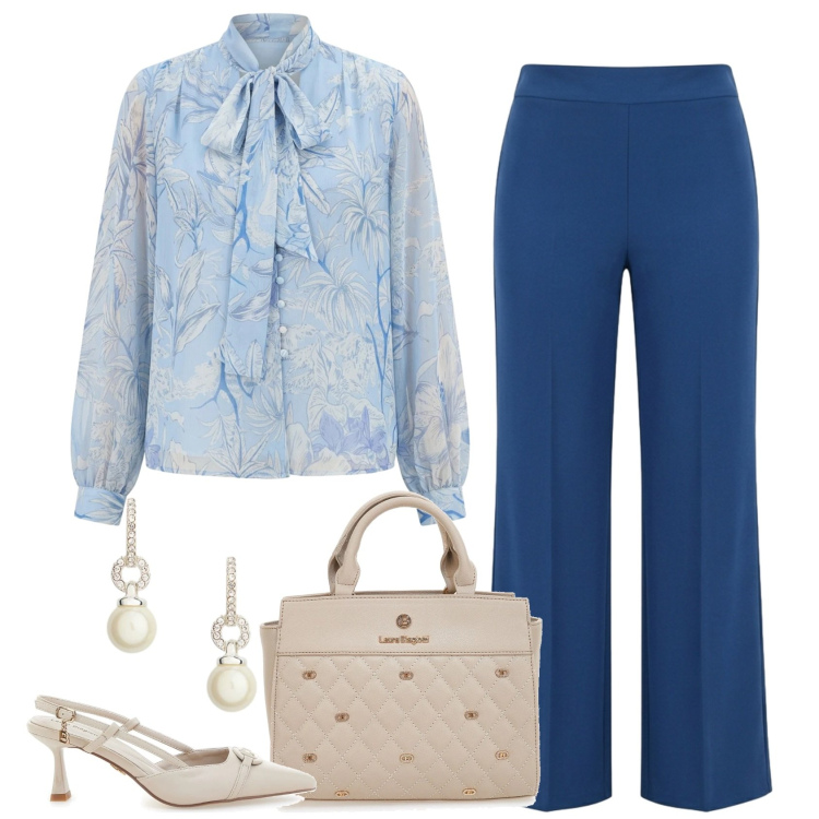 Outfit donna - Eleganza discreta. Stile Casual chic per Ufficio. Abbinamento con pantaloni a palazzo, bluse, orecchini, décolleté, borse a mano.