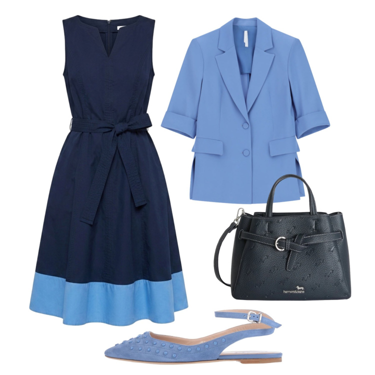 Outfit donna - Un nuovo abito al lavoro. Stile Glamour per Ufficio. Abbinamento con ballerine, blazer, vestiti senza maniche, borse a mano.