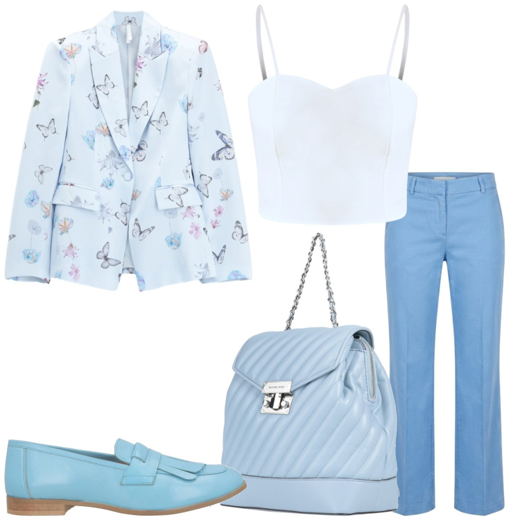 Outfit donna - Il celeste polvere. Stile Casual chic per Tutti i giorni. Abbinamento con zaini, mocassini, pantaloni, blazer, top.