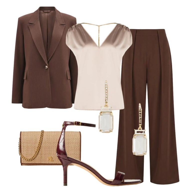 Outfit donna - Semplice eleganza. Stile Chic per Cerimonia. Abbinamento con top, pantaloni a palazzo, blazer, sandali in pelle, orecchini, borse a tracolla.