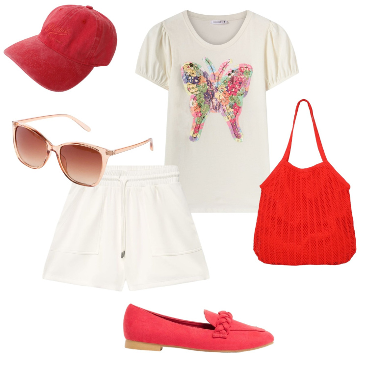 Outfit donna - Sportiva per il primo caldo. Stile Sporty chic per Tutti i giorni. Abbinamento con occhiali da sole, mocassini, t-shirt, bermuda, shopping bag, cappelli.