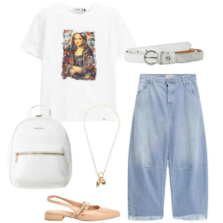 Outfit donna - Il Ritorno della Monna Lisa. Stile Casual chic per Tutti i giorni. Abbinamento con ballerine, zaini, cinture, t-shirt, jeans, ciondoli.