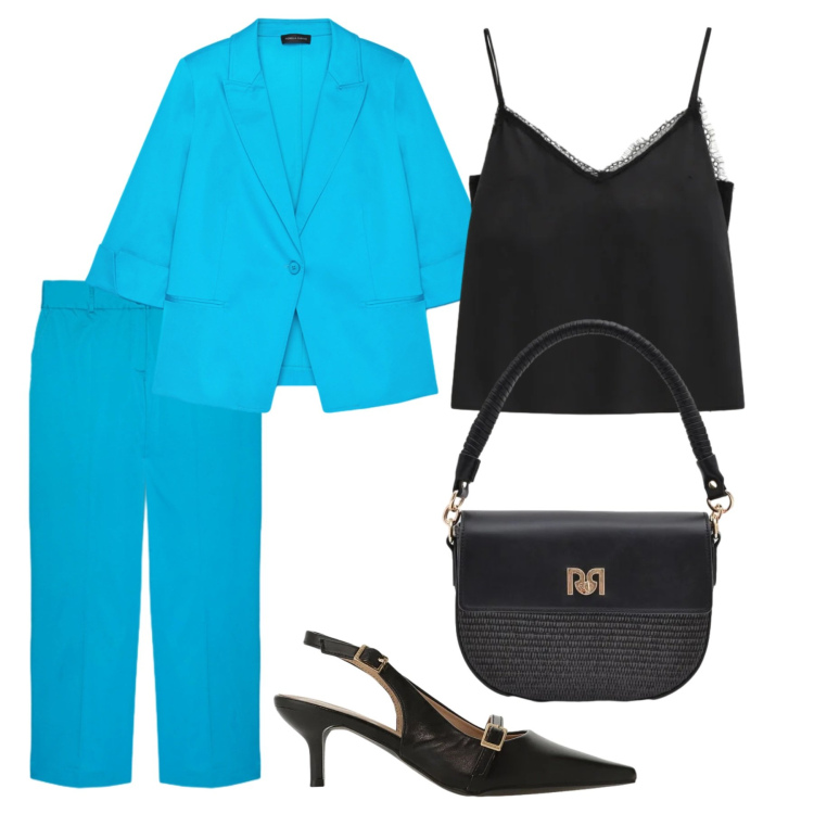 Outfit donna - Tailleur per riunione di lavoro. Stile Glamour per Ufficio. Abbinamento con sandali col tacco, canottiere, borse a spalla, blazer, pantaloni.