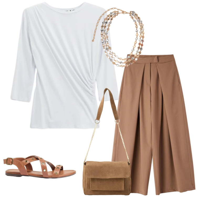 Outfit donna - Minimalismo Sofisticato. Stile Casual chic per Tutti i giorni. Abbinamento con sandali, borse a tracolla, pantaloni, collane, top.
