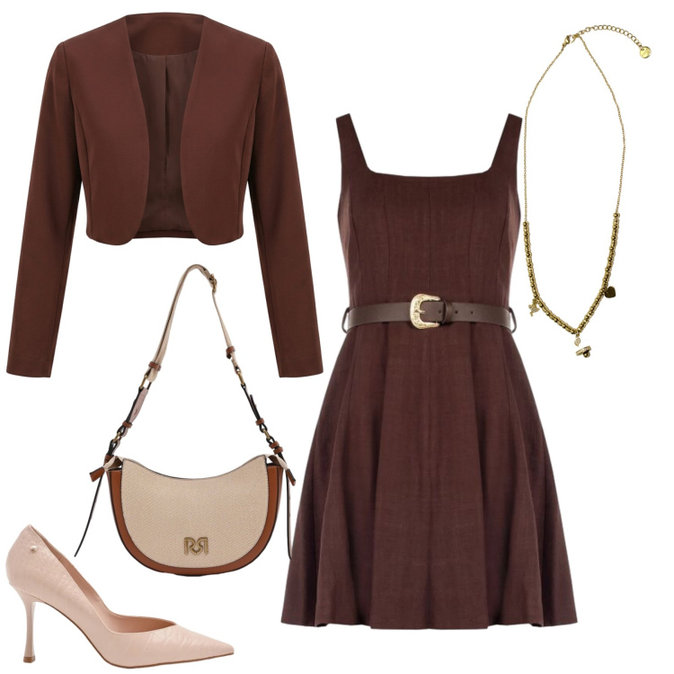 Outfit donna - Chocolate Glam. Stile Casual chic per Tutti i giorni. Abbinamento con borse a tracolla, décolleté, vestiti corti, bolero, ciondoli.