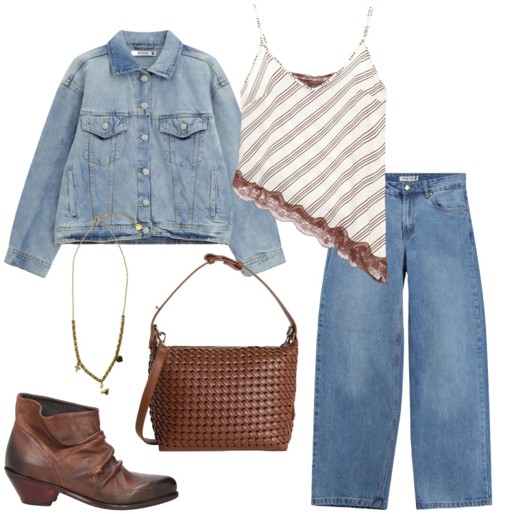 Outfit donna - Il Gioco tra Denim e Pizzo. Stile Casual chic per Tutti i giorni. Abbinamento con stivaletti texani, jeans, blazer, top, borse a spalla, ciondoli.