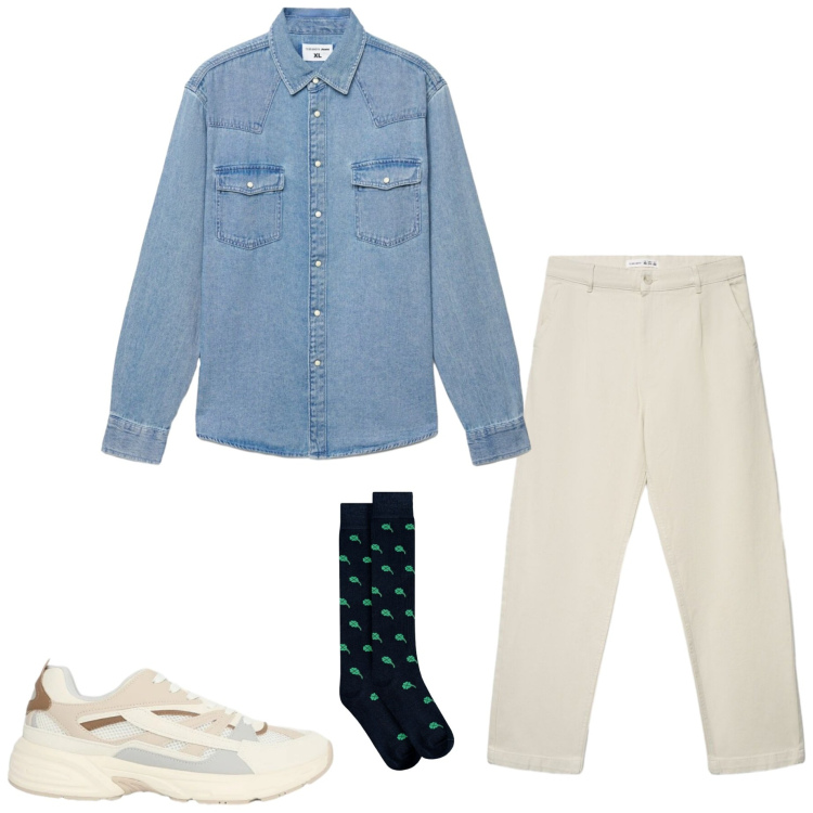 Outfit uomo - Aprile. Stile Casual per Tutti i giorni. Abbinamento con sneakers, camicie, pantaloni chino, calzini.