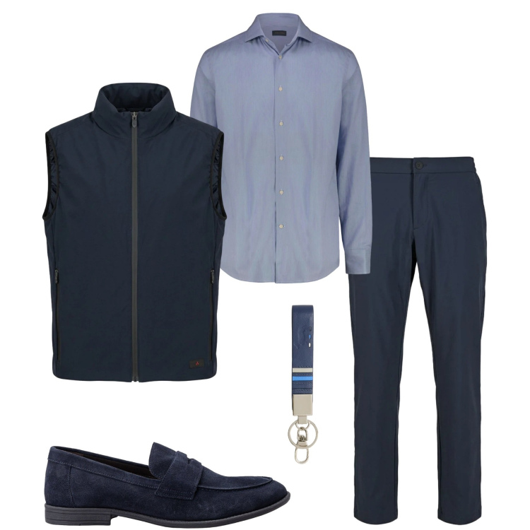 Outfit uomo - Urban primaverile. Stile Urban per Ufficio. Abbinamento con portachiavi, piumini, pantaloni, camicie, scarpe stringate.