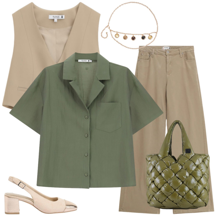 Outfit donna - Armonie Botaniche e Toni Neutri. Stile Casual chic per Tutti i giorni. Abbinamento con décolleté, cinture, pantaloni, camicie a manica corta, gilet, borse tote.